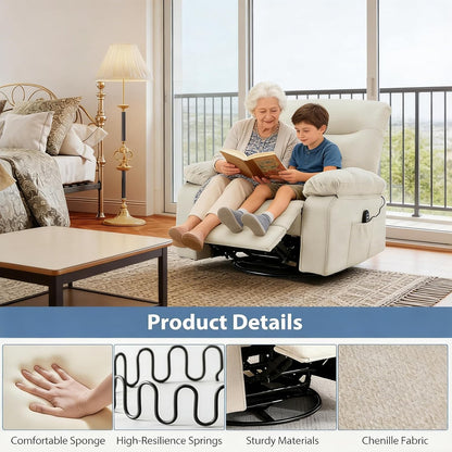 Power Lift Recliner Chair for Adult with Heated and Full Body Massage, Glider Nursery Chair with Cup Holder and USB Charge Port, Oversided Swivel Rocker Recliner for Living/Study/Bedroom Room, Grey