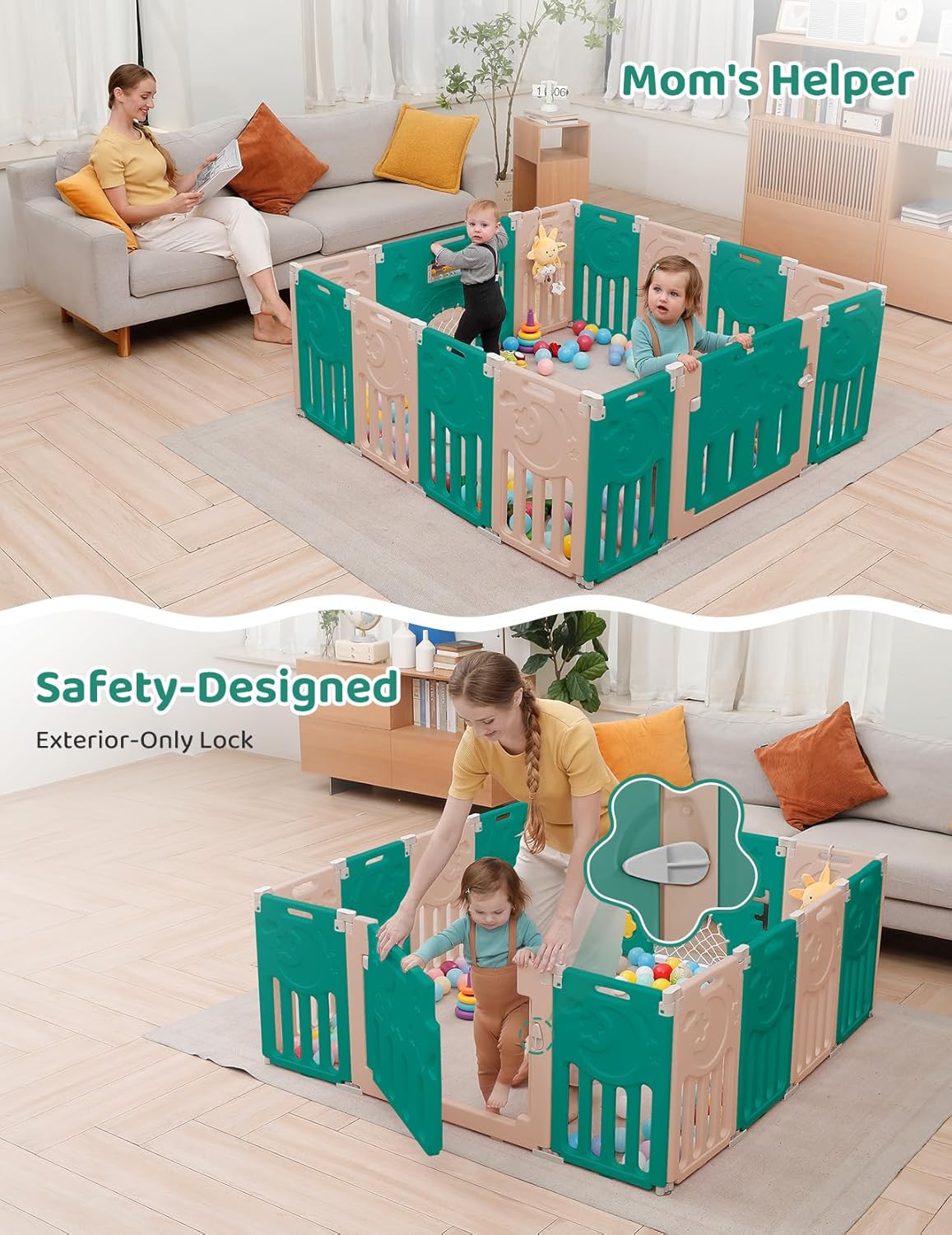 Baby Playpen, Dripex Baby Playard for Babies and Toddlers, 14-Panel Foldable Playpen Adjustable Portable Play Area, Indoor/Outdoor Kids Active Center with Game Panel & Safety Gate, Grey White