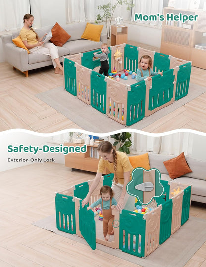 Baby Playpen, Dripex Baby Playard for Babies and Toddlers, 14-Panel Foldable Playpen Adjustable Portable Play Area, Indoor/Outdoor Kids Active Center with Game Panel & Safety Gate, Grey White