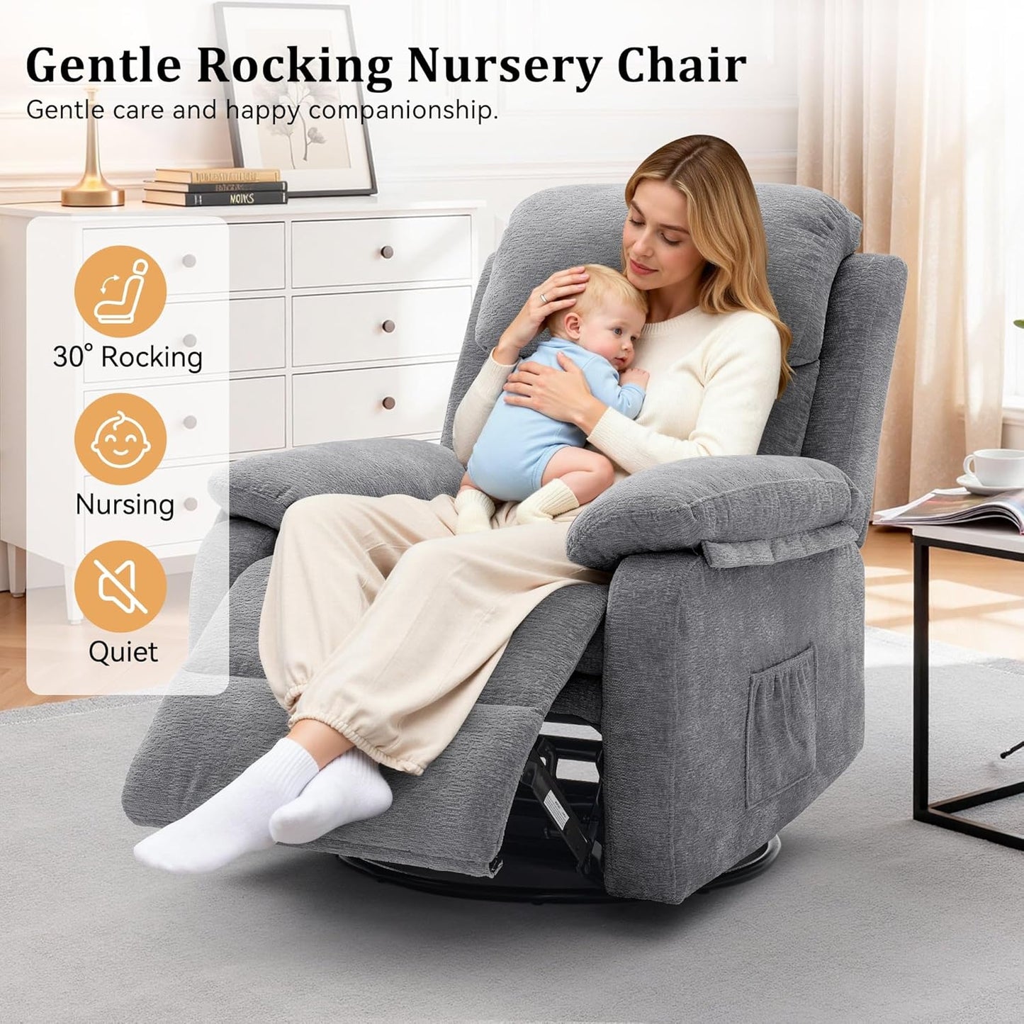 Korser Recliner Chair, 360 Swivel Rocker Chair for Adults, Small Rocking Recliner for Small Spaces, Upholstered Fabric Glider Recliner Nursery