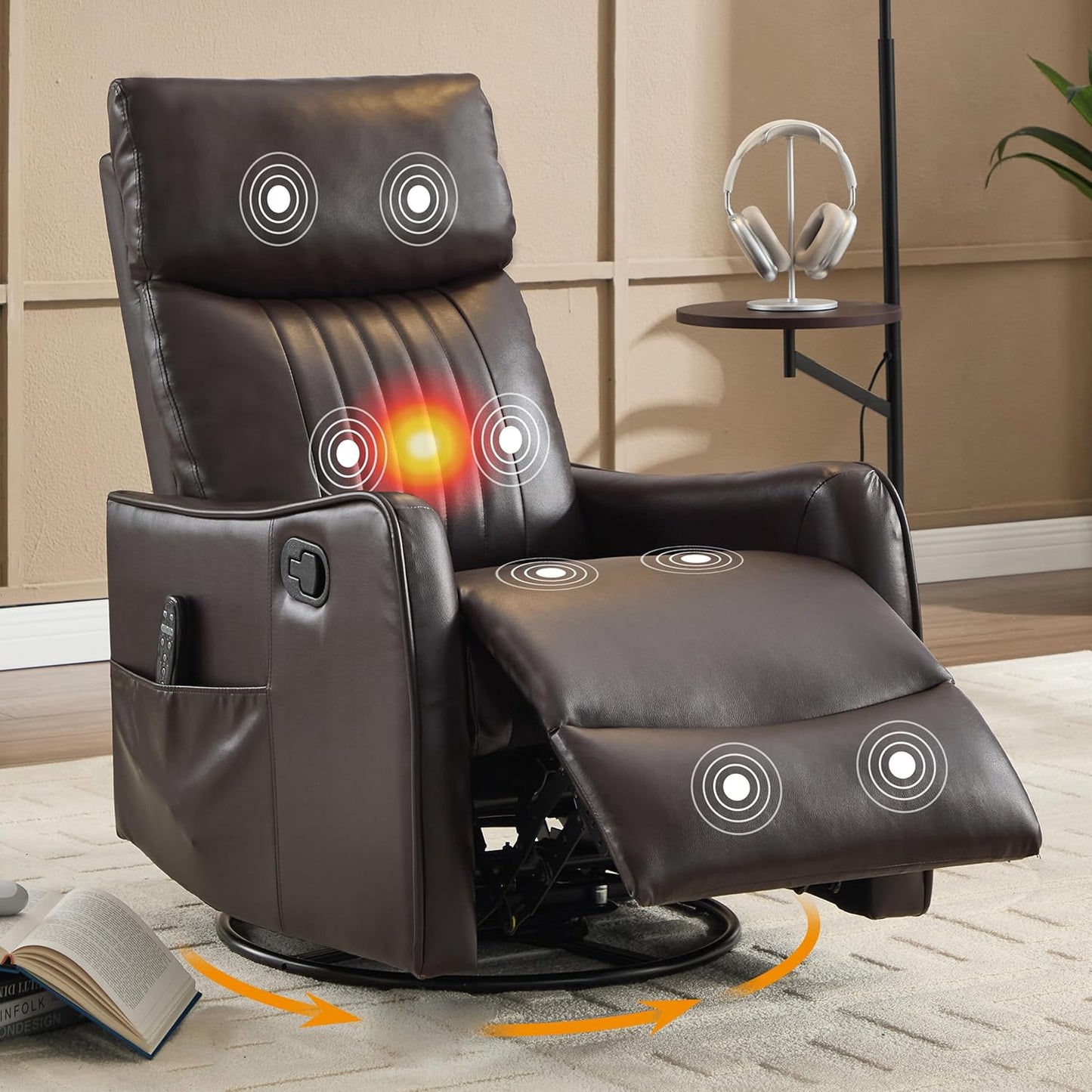 Manual 360° Swivel Rocker Recliner Chair for Adults, Overstuffed Glider Chair for Nursery with Vibration Massage and Heat, Comfy Soft Fabric Glider with Side Pockets for Living Room, Beige