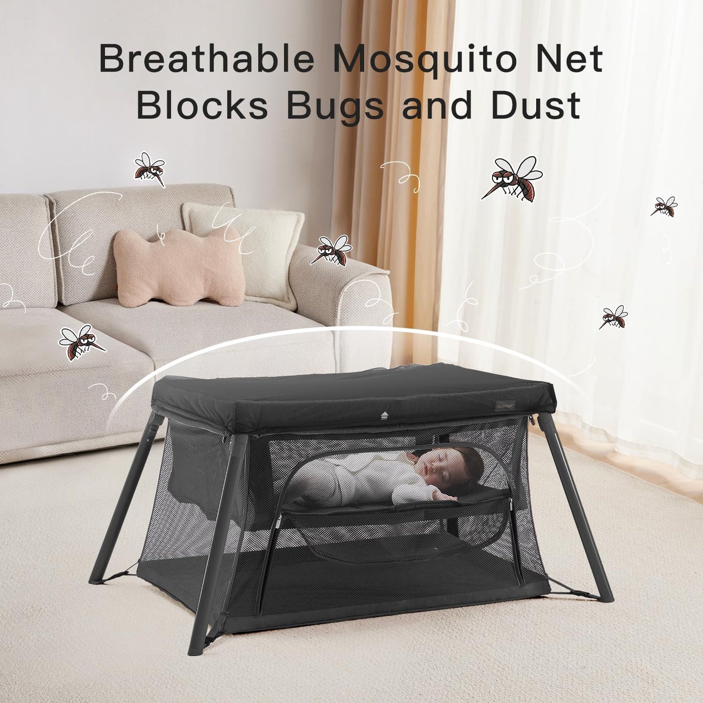 Gromast 2 in 1 Portable Travel Crib for Toddler, Foldable Crib for Baby, Lightweight Playpen Collapsible Playard with Soft Mattress, Easy to Carry Baby Travel Bed for Outdoor, Indoor (Grey)