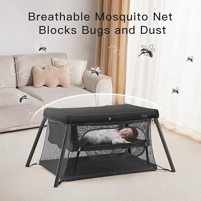 Gromast 2 in 1 Portable Travel Crib for Toddler, Foldable Crib for Baby, Lightweight Playpen Collapsible Playard with Soft Mattress, Easy to Carry Baby Travel Bed for Outdoor, Indoor (Black)
