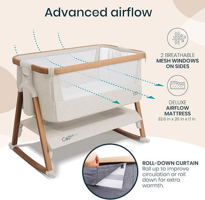 Tutti Bambini CoZee® Air Baby Bassinet & Bedside Sleeper - Rocking Bassinet for Baby, Fast-Folding with Travel Bag, Deluxe Airflow Mattress & 6 Mattress Heights, 0-6 Months (Walnut & Ecru)