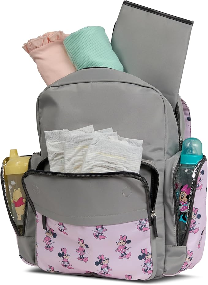 Disney Diaper Bag Backpack with Changing Pad Minnie Mouse – 16” Nylon Baby Bag for Parents, Insulated Bottle Holders, Multiple Storage Pockets