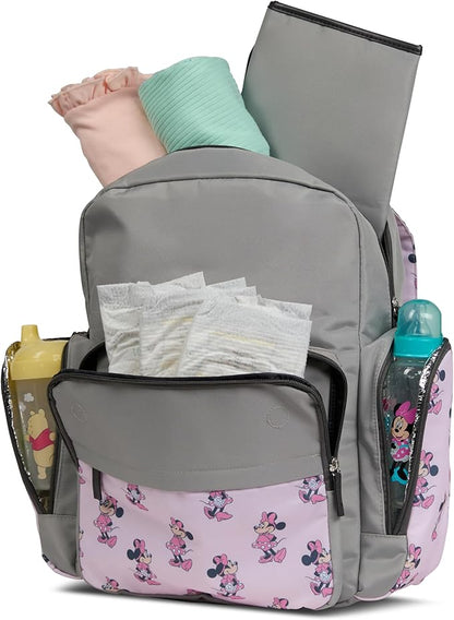 Disney Diaper Bag Backpack with Changing Pad Minnie Mouse – 16” Nylon Baby Bag for Parents, Insulated Bottle Holders, Multiple Storage Pockets