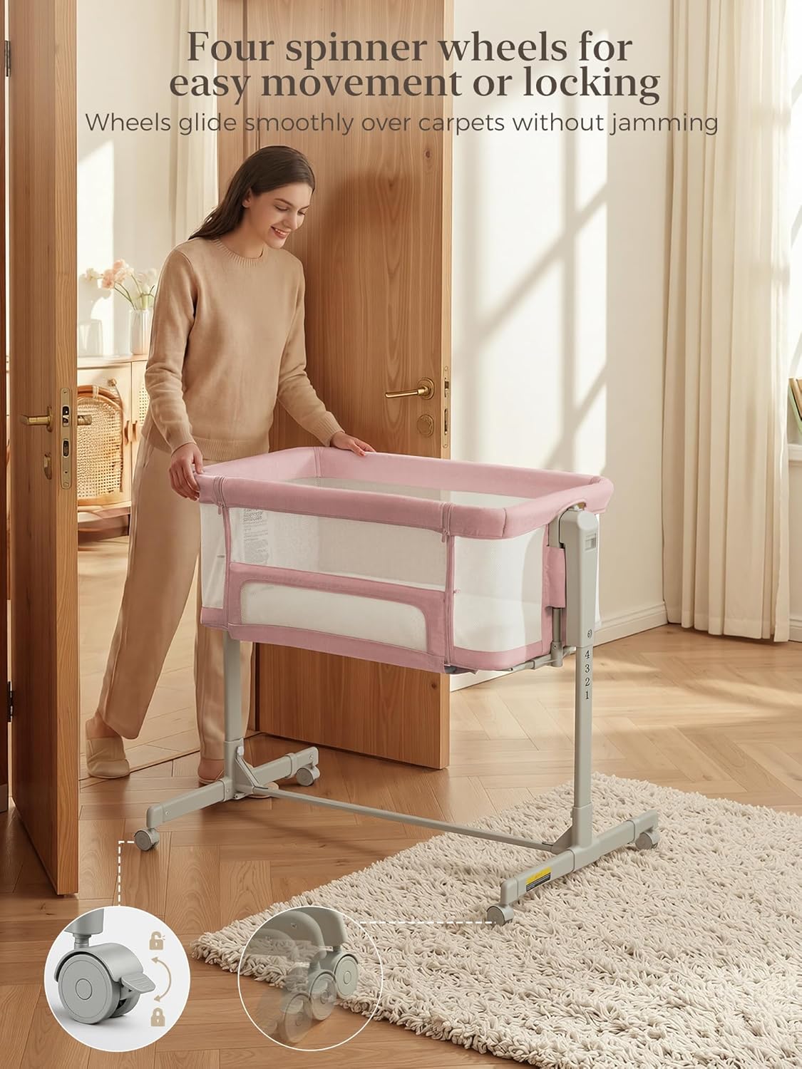 ONTHEWEI Baby Bassinet Bedside Sleeper 3-in-1, Easy Night Feeding with One-Side Fold & Rolling Wheels, Breathable Mesh, 6-Height Adjustable, Soft Mattress for Newborns