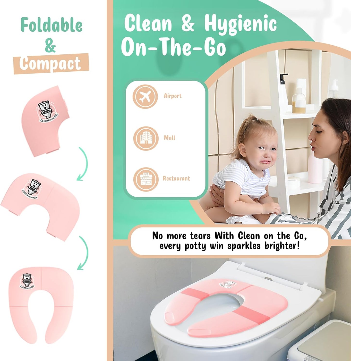 Travel Potty Seat: Portable w Carrying Case for Toddler Toilet Training, Foldable Non-Slip Silicone for kids public toilets, CLEAN ON THE GO (Pink)