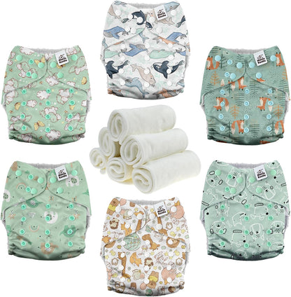 Mama Koala 3.0 Pocket Cloth Diapers for Babies with AWJ Lining, 6 Pack with 6 4-Layer Natural Cloth Diaper Inserts - Reusable and Washable Pocket Diapers(Hardworking Bees) - Colors B