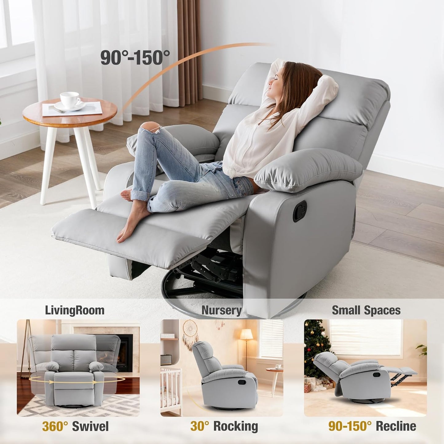 Rocking Chair Nursery Swivel Rocker Recliner Chair, High Back Adult Manual Recliner for Small Spaces, Glider Rocking Reclining Sofa for Living Room Bedroom, Beige