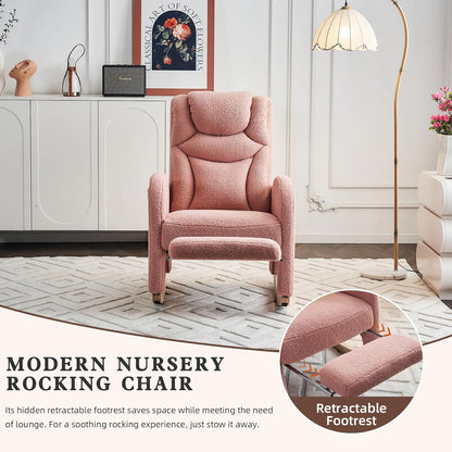 Rocking Chair Nursery with Foot Rest,Upholstered Teddy Glider Rocker with Wood Legs, Nursing Rocking Chair for Living Room/Nursery,Pink