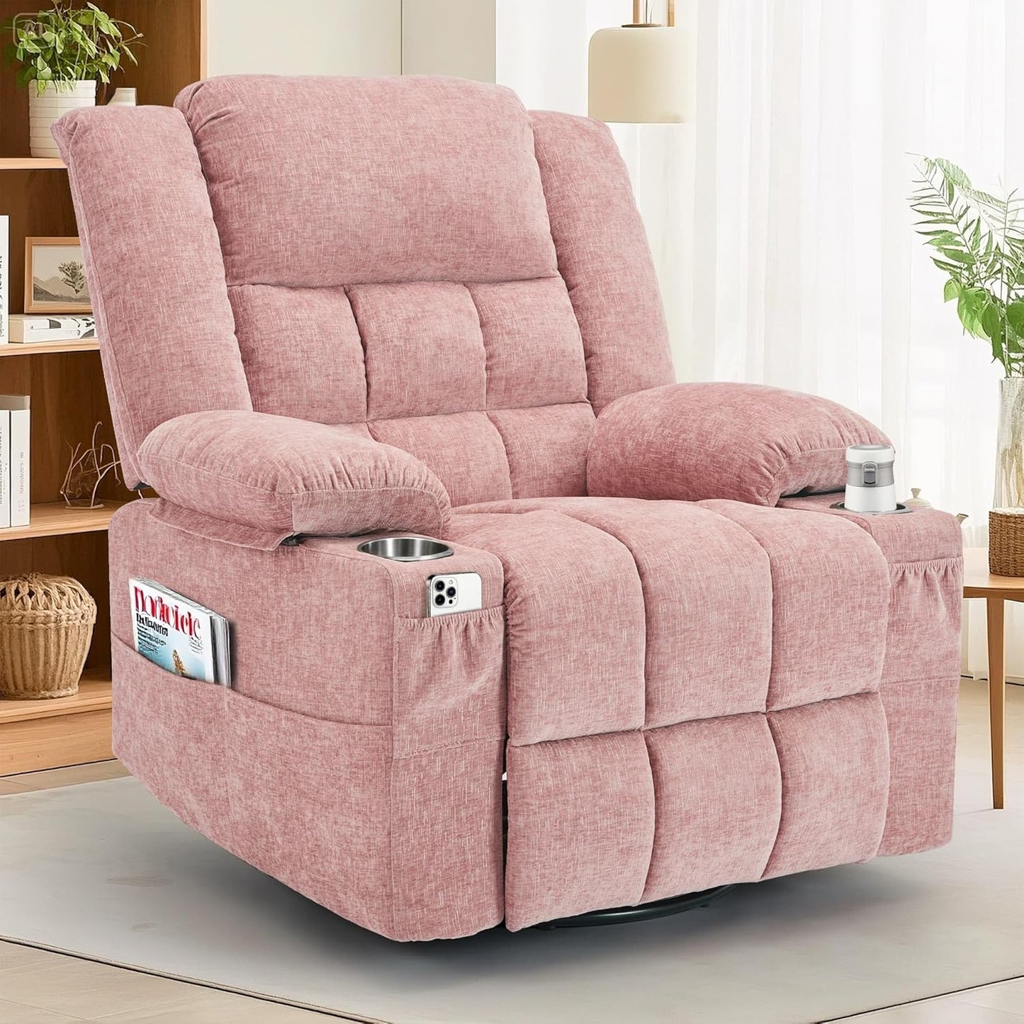 Korser 360° Swivel Rocker Recliner for Adults, Nursery Glider Recliner with Massage and Heating, Rocking Chair with Cup Holder, Manual Recliner Chair for Living Room, Bedroom (Fabric, Beige)