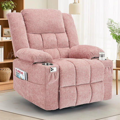 Korser 360° Swivel Rocker Recliner for Adults, Nursery Glider Recliner with Massage and Heating, Rocking Chair with Cup Holder, Manual Recliner Chair for Living Room, Bedroom (Fabric, Beige)