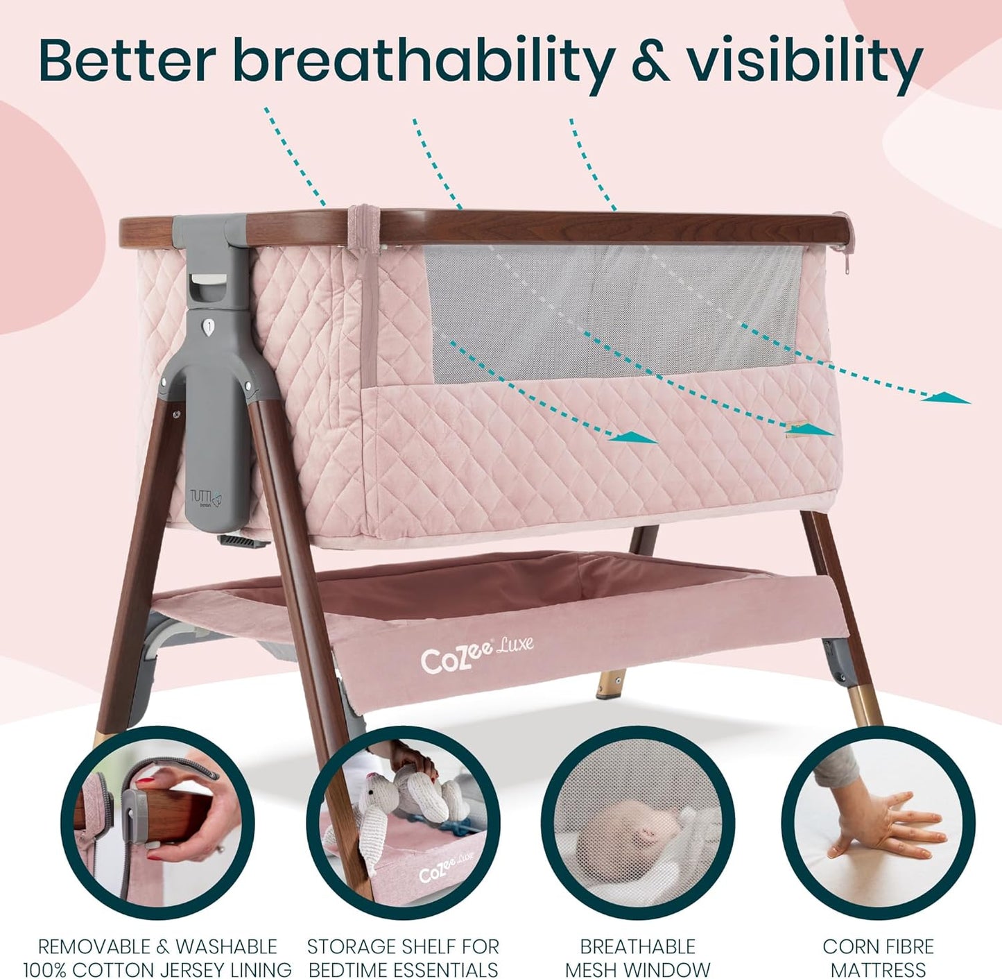 Tutti Bambini CoZee® 2-in-1 Baby Bassinet & Bedside Sleeper - Fast-Folding Bedside Bassinet, Baby Crib with 6 Mattress Heights & Breathable Mesh Window, Mattress Included, 0-6 Months (Oak & Charcoal)