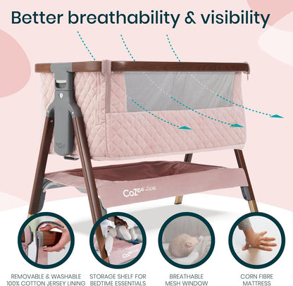 Tutti Bambini CoZee® 2-in-1 Baby Bassinet & Bedside Sleeper - Fast-Folding Bedside Bassinet, Baby Crib with 6 Mattress Heights & Breathable Mesh Window, Mattress Included, 0-6 Months (Oak & Charcoal)