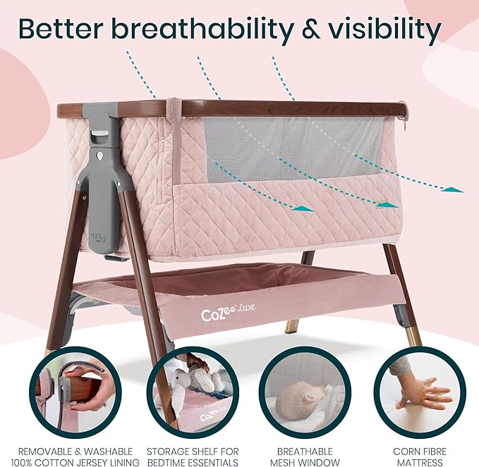 Tutti Bambini CoZee® Luxe Bedside Bassinet & Sleeper - Baby Bassinets Bedside Sleeper, Portable Crib & Adjustable Crib for Newborns, Travel Case, Must-Have Baby Essentials, 0-6 Months (Walnut/Blush)