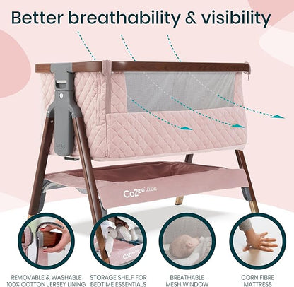 Tutti Bambini CoZee® Luxe Bedside Bassinet & Sleeper - Baby Bassinets Bedside Sleeper, Portable Crib & Adjustable Crib for Newborns, Travel Case, Must-Have Baby Essentials, 0-6 Months (Walnut/Blush)
