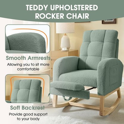NIOIIKIT Modern Nursery Rocking Chair, Teddy Upholstered Rocking Chair with Footrest, Comfortable Rocker Recliner with Side Pocket, Rocker Glider for Living Room, Bedroom, Nursing Room (Apricot)