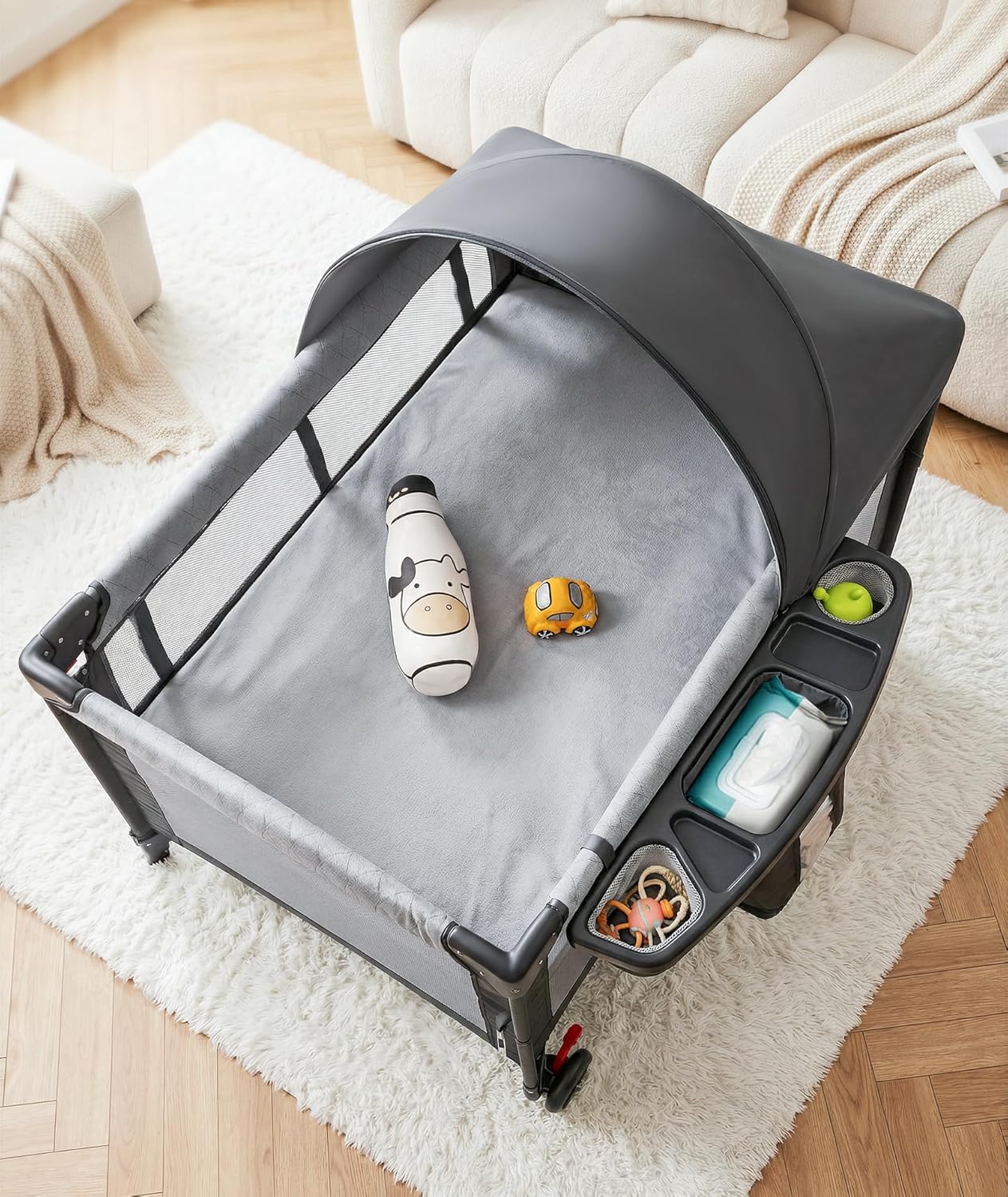 4 in 1 Baby Bassinet Bedside Crib with One-Hand Setup & Waterproof Mattress – ASTM-Certified Pack and Play, Portable Foldable Playard with Diaper Changer for Newborn to Toddler(Black)