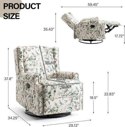 Swivel Rocker Recliner Chair, Manual Nursery Glider Recliner, Floral Fabric Wingback Accent Chair with Adjustable Backrest & Footrest for Small Spaces Living Room Bedroom (Plants Floral, Set of 1)