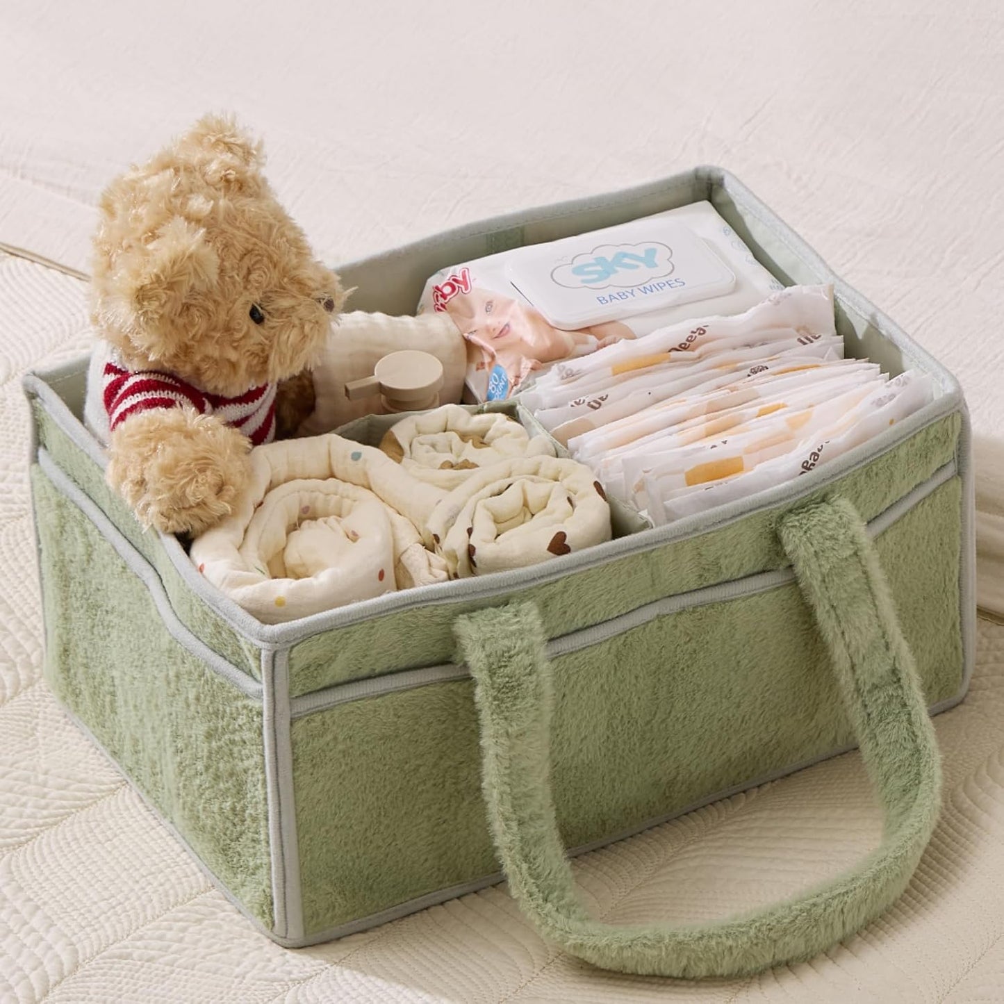 luxury little Soft Baby Diaper Caddy Organizer, Nursery Storage Basket with Removable Divider, Portable Baby Diapers Basket, Gifts for New Parent, Baby Shower (Baby Blue)