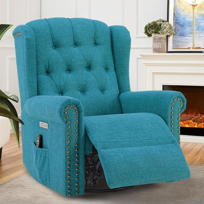 VIVIJASON Power Swivel Rocking Recliner Chair with Massage & Heat, Electric Rocker Nursery Glider Chair, Wingback Tufted Upholstered Recliner W/Type-C & USB Ports for Living Room, Bedroom, Beige