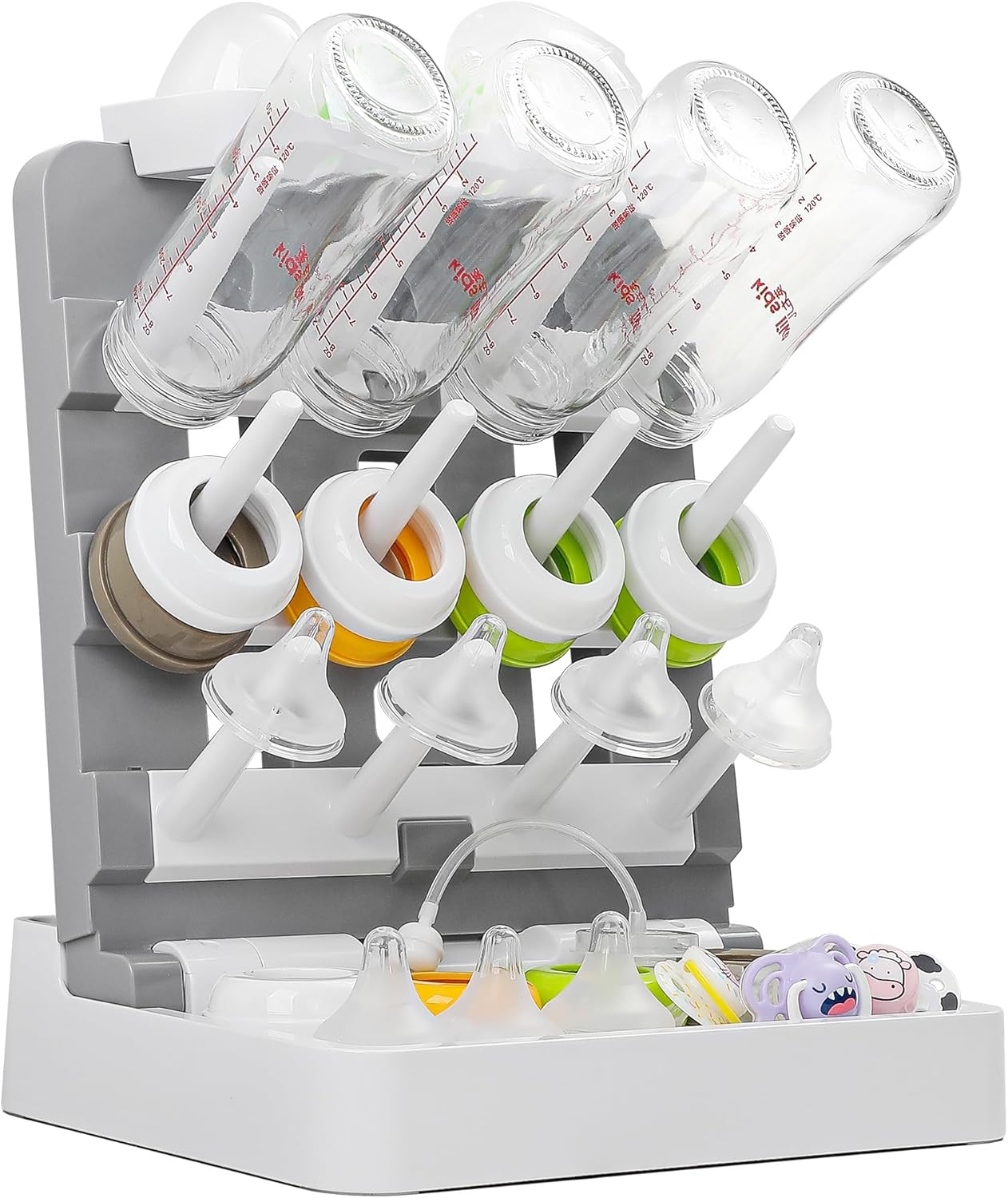 Baby Bottle Drying Rack, Vertical Standing Bottle Drying Rack Holder-Space Saving Baby Bottle Organizer for Countertop-Holds Up to 12 Baby Bottles & Pump Parts (White & Dark Gray)