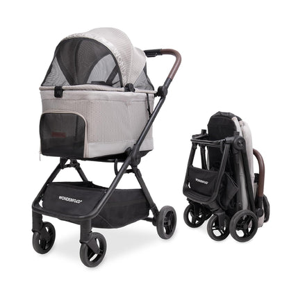 WonderFold Bella Pet Stroller - Autofold Design with Lightweight Aluminum Frame, Breathable Carriage Fabrics and Canopy, Safety Tethers & Easy-Clean Interior - Graphite Black