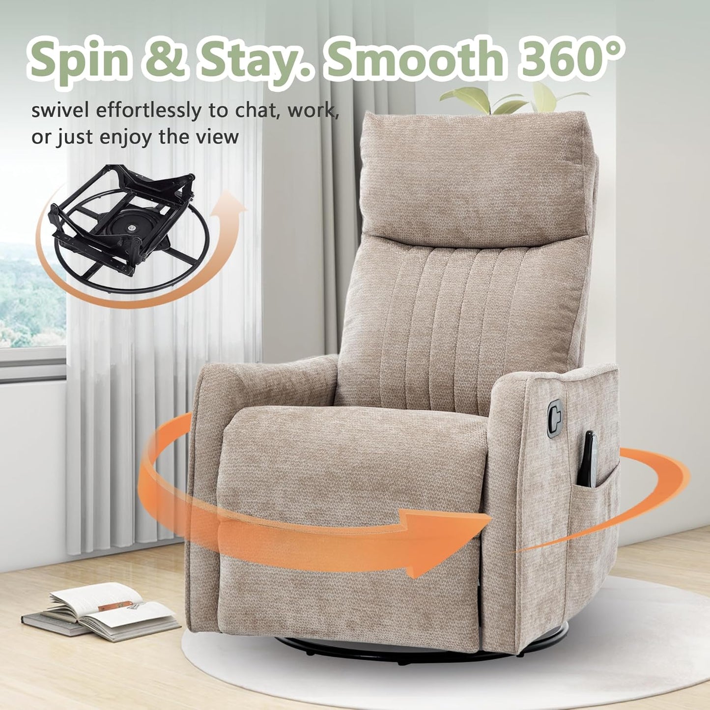 cinkehome Swivel Rocker Recliner, Glider Rocker Recliner Chair for Nursery, Manual Reclining Chair with Heated Massage, Small Spaces, Living Room, Khaki Chenille