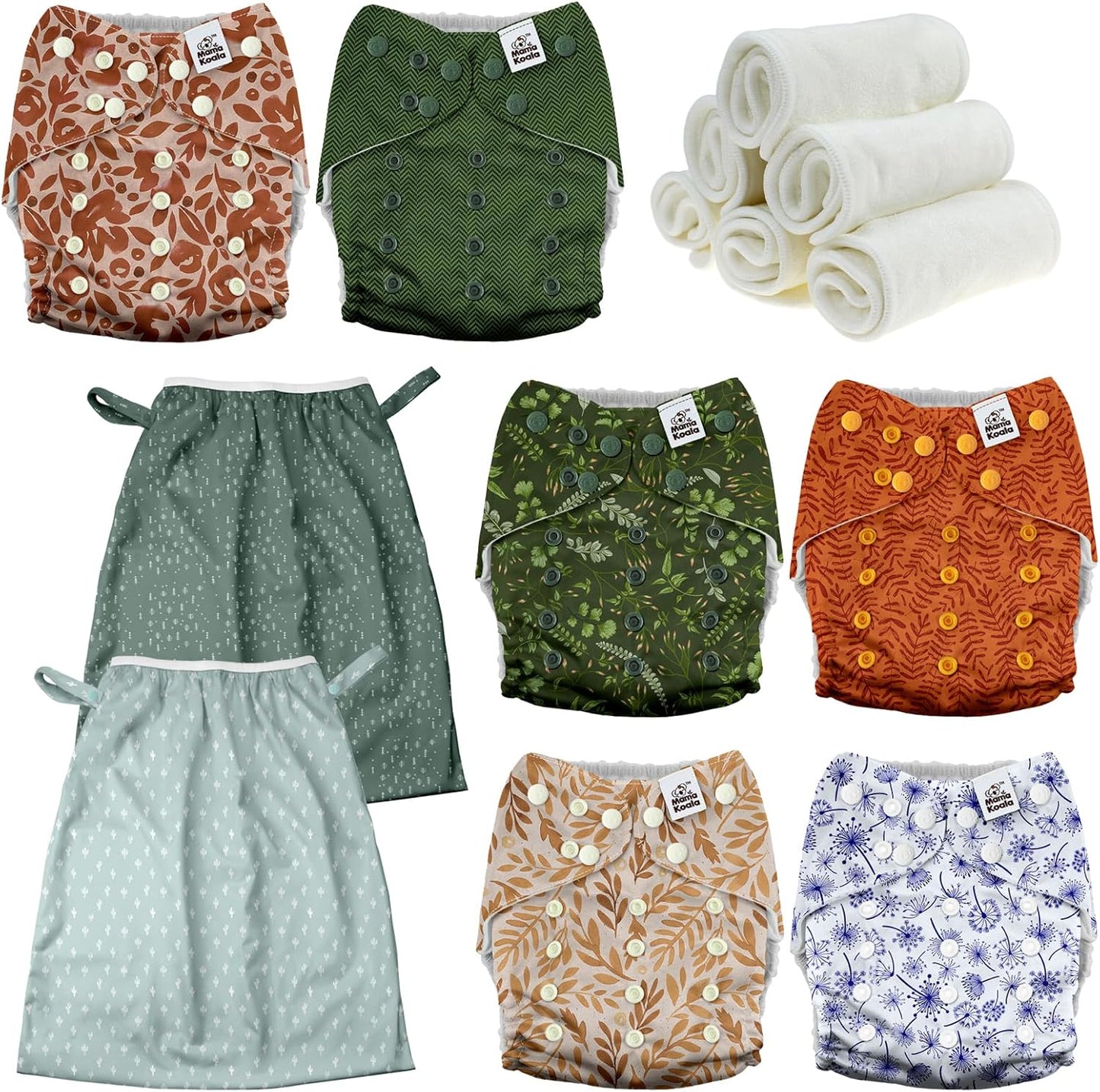 Mama Koala 3.0 Baby Cloth Diapers with 6 Inserts Bundle, with 2 Pack Reusable and Washable Waterproof Pail Liners