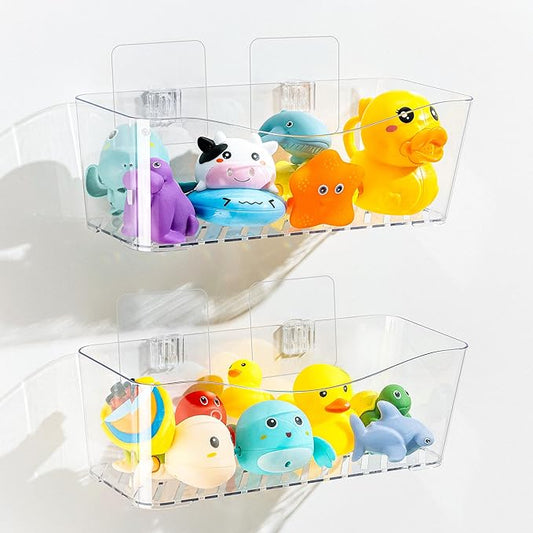 Imncya Bath Toy Storage Clear, Bathtub Toy Storage Organizer, large Capacity Bathtub Shower Caddy, No Drilling Quick-Dry Drainable, Plastic Bath Toy Holder for Bathroom (2 Pack)