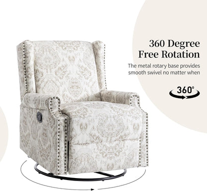Swivel Rocker Recliner Chair, Manual Nursery Glider Recliner, Floral Fabric Wingback Accent Chair with Adjustable Backrest & Footrest for Small Spaces Living Room Bedroom (Plants Floral, Set of 1)