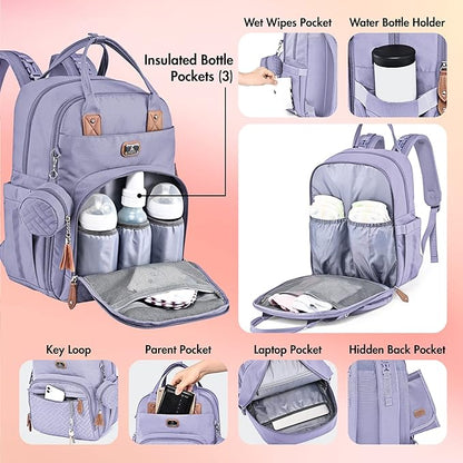 Dikaslon Diaper Bag Backpack with Portable Changing Pad, Pacifier Case and Stroller Straps, Large Unisex Baby Bags for Boys Girls, Multipurpose Travel Back Pack Moms Dads, Taro Purple
