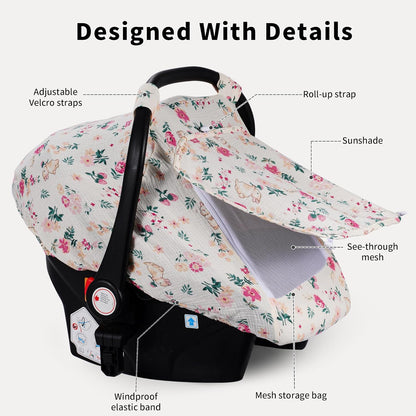 Rquite Car Seat Cover Baby, Carseat Covers Girl Boy, Breathable Muslin Cotton, Large Mesh Window, Infant Car Seat Canopy Baby Carrier Cover Stroller Sun Shade for Summer & Hot Day