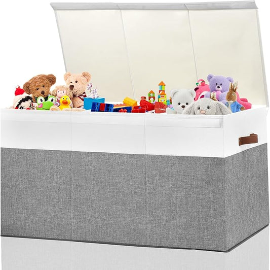 Gowee Extra Large Toy Storage Box with Lid, Sturdy Toys Storage Chest Bin Organizer Basket with Dividers for Kids, Boys, Girls, Nursery, Closet, Bedroom, Playroom 35.5"x17" x17"(Grey and White)