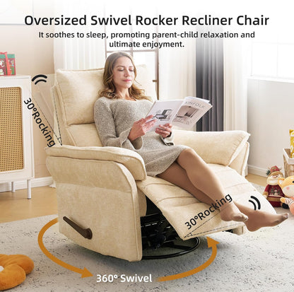 Oversized Glider Rocker Recliner, 26" Extra Wide 360° Swivel Nursery Recliner with Adjustable Headrest, Chenille Rocking Nursery Chair with Overstuffed Armrest, Lumbar Support, Light Grey
