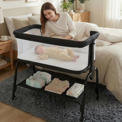 Cowiewie Bassinet Bedside Sleeper, Breathable Baby Bedside Bassinet and Mattress, Lightweight and Portable for Bedside Sleeping, Light Grey