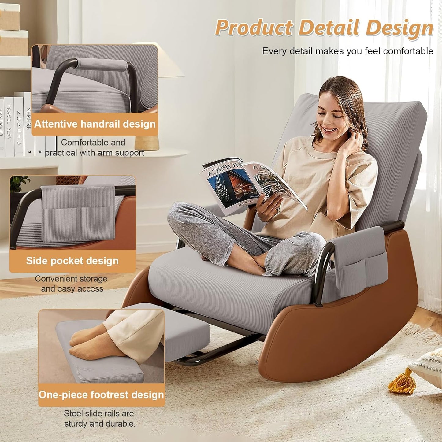 JPBSTO Rocking Chair Nursery, Upholstered Glider Rocking Chair with Side Pocket and Adjustable High Backrest, Comfortable Rocker Recliner with Footrest Perfect for Living Room Bedroom, Beige