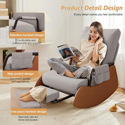 JPBSTO Rocking Chair Nursery, Upholstered Glider Rocking Chair with Side Pocket and Adjustable High Backrest, Comfortable Rocker Recliner with Footrest Perfect for Living Room Bedroom, Beige