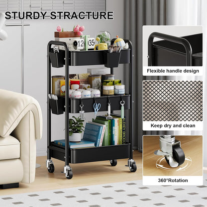 3 Tier Rolling Cart Metal with Lockable Wheels, Pink Three Tiered Diaper Caddy Cart Organizer on Wheels, Storage Utility Trolley Carts for Craft, Art, Nail, Lash, Baby Supplies, Cleaning, Mesh