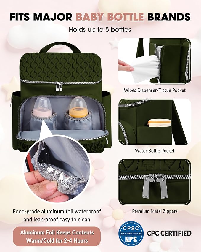 Baby Diaper Bag Backpack, Expandable Baby Bag for Girl Boy, Travel Diaper Backpack with Insulated Pocket, Changing Pad, Quilted Diaper Bag for Mom Dad, Newborn Baby Essentials Army green