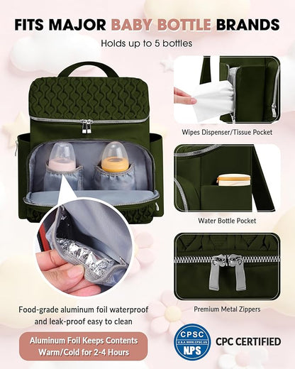 Baby Diaper Bag Backpack, Expandable Baby Bag for Girl Boy, Travel Diaper Backpack with Insulated Pocket, Changing Pad, Quilted Diaper Bag for Mom Dad, Newborn Baby Essentials Army green