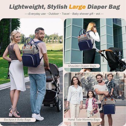 Diaper Bag Backpack: Tote Baby Bag for Boy and Girl, Large Mommy Bag Insulated Pockets Charger Holes for Men and Women, Nappy Bag for Baby Airplane Traveing Blue Grey