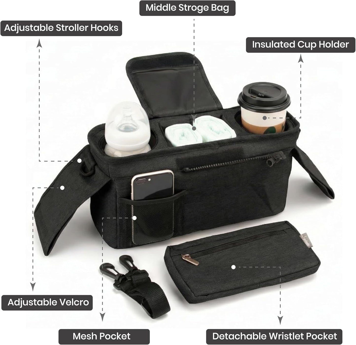 Universal Stroller Organizer, Grey - 2 Insulated Cup Holders - Non-Slip Stroller Caddy Bag - Detachable Phone Pouch - Fits Uppababy, Nuna - New Mom Essentials