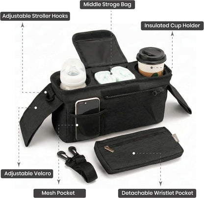 Universal Stroller Organizer, Grey - 2 Insulated Cup Holders - Non-Slip Stroller Caddy Bag - Detachable Phone Pouch - Fits Uppababy, Nuna - New Mom Essentials