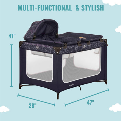 Dream On Me Emily Rose Deluxe Playard in Galaxy Blue with Infant Bassinet and Changing Tray, Lightweight Portable and Convertible Playard for Baby, Breathable Mesh Sides and Soft Fabric