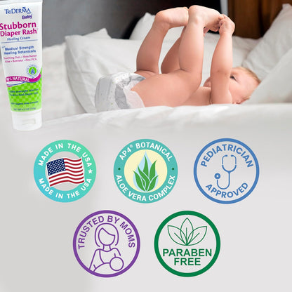 TriDerma MD Baby Stubborn Diaper Rash Relief Cream, Healing for Hard-to-Heal Diaper Rash, Treat and Prevent Diaper Rash and Seal Out Wetness, Non-Greasy Diaper Rash Ointment 4.0 Ounce
