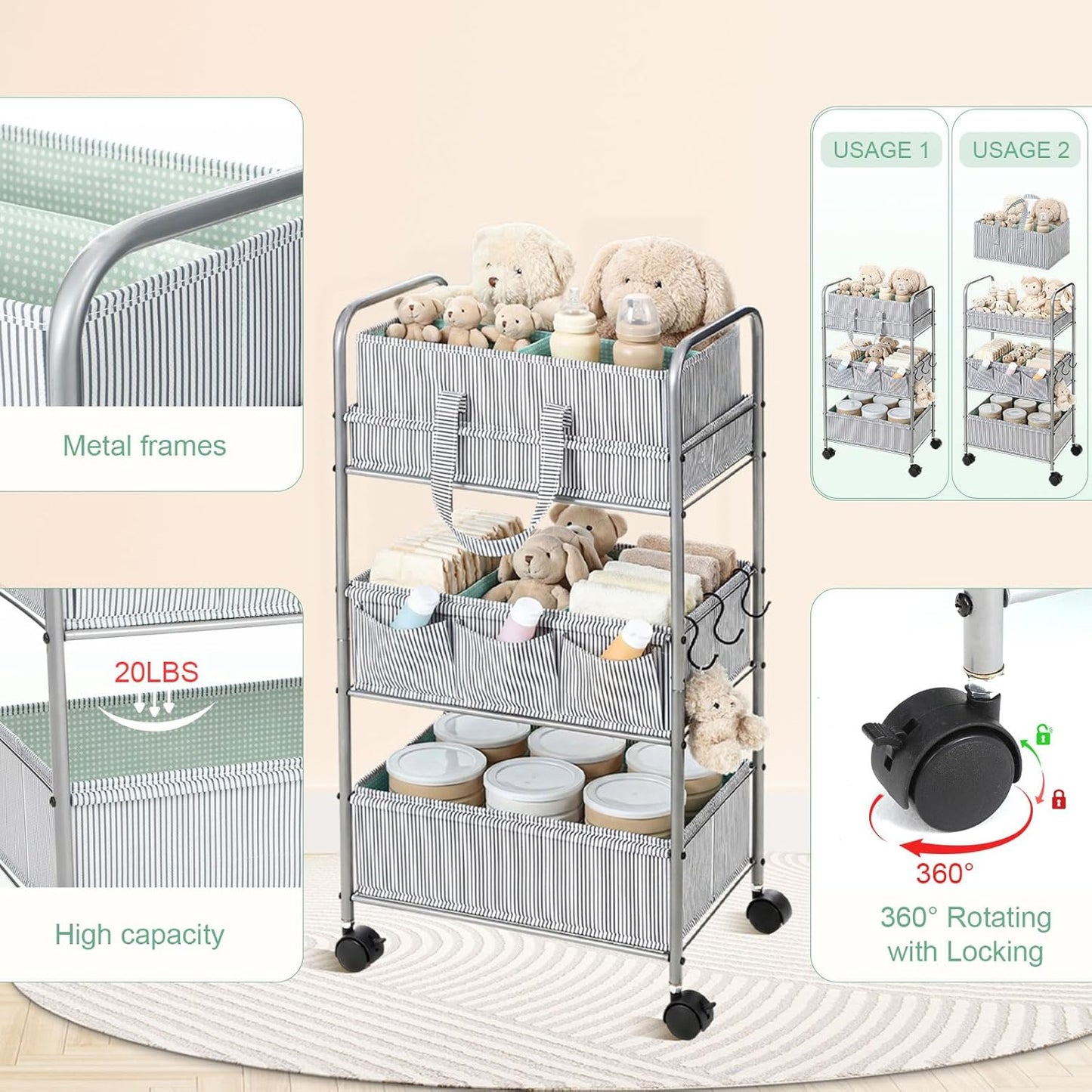 WILLBOND 2in1 Baby Diaper Caddy Organizer Cart, 3 Tier Large Capacity Metal Utility Bedside Rolling Cart with Divider for Newborn Registry Nursery Essential Must Have Gift Baby Shower Bedroom(Pink)