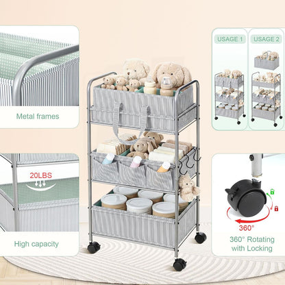 WILLBOND 2in1 Baby Diaper Caddy Organizer Cart, 3 Tier Large Capacity Metal Utility Bedside Rolling Cart with Divider for Newborn Registry Nursery Essential Must Have Gift Baby Shower Bedroom(Pink)