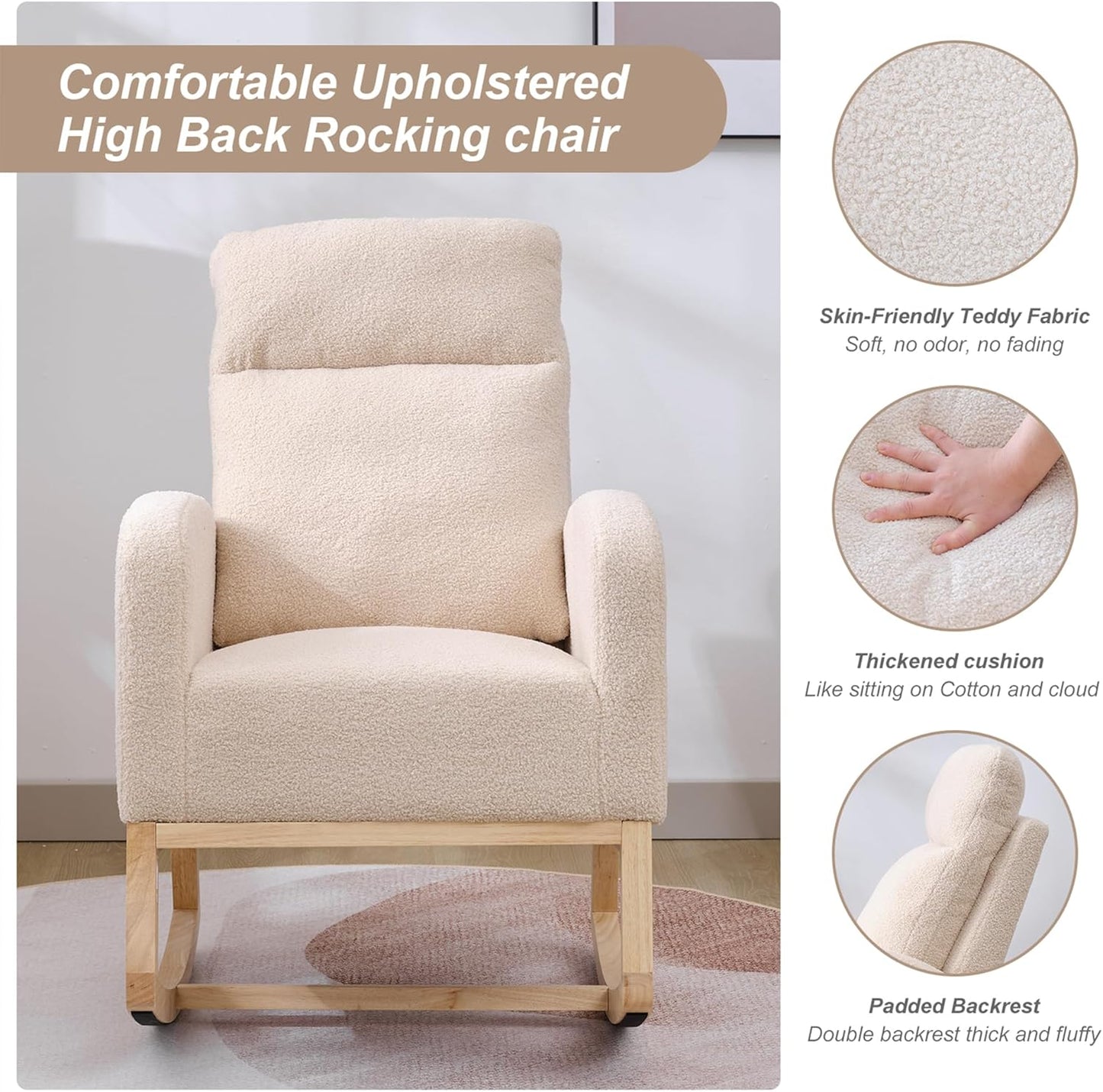 Nursery Rocking Chair with Solid Wood Legs, Glider Chair for Nursery with Two Side Pockets, Rocker Armchair for Living Room Bedroom (Ivory White, Teddy Fabric)